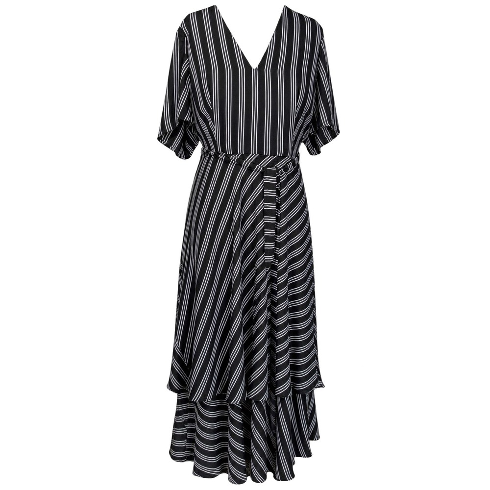 Ann Taylor Women Size 10 Black Navy White Striped Maxi Dress Ruffle Sash NWT